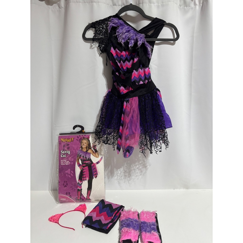 Spirit Sassy Cat Costume Kids Small 4-6 Pink Purple Excellent Chevron 4pc Set
